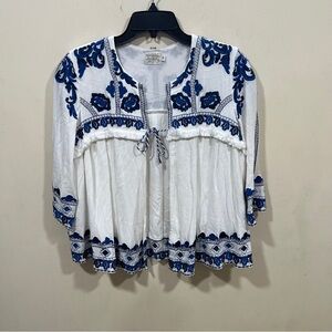 Free people blue white cardigan with beautiful blue embroidery sizeM smock-frock